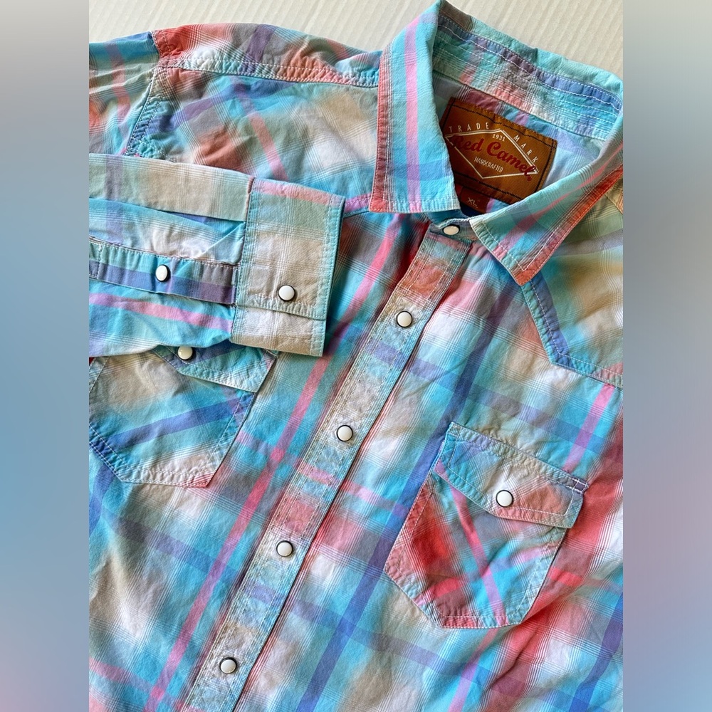 Red Camel Shirt Mens XL Western Long Sleeve Blue Plaid‎ Cotton Casual